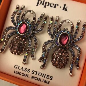 Piper K Silver Tone Spider Stud Drop Earrings Multicolored Glass Stones NIB